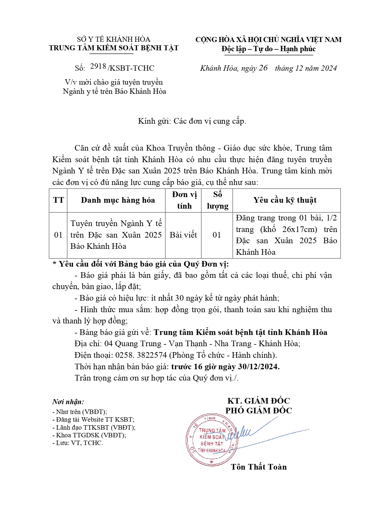 V/v mời chào giá tuyên truyền Ngành y tế trên Báo Khánh Hòa